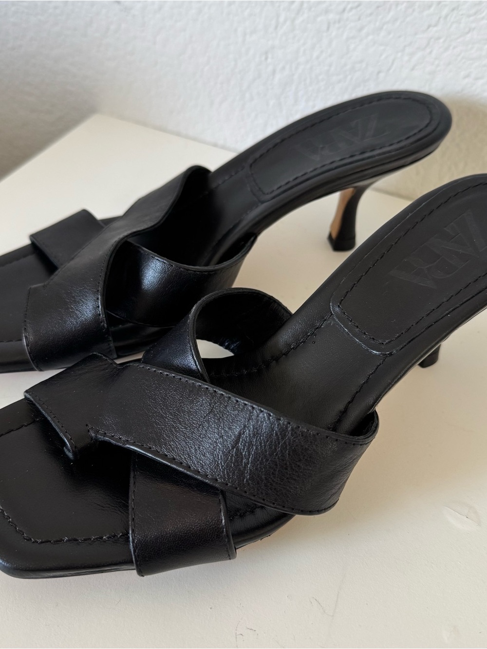 Zara Black Cross Leather Square-Toe Kitten Heel Mules